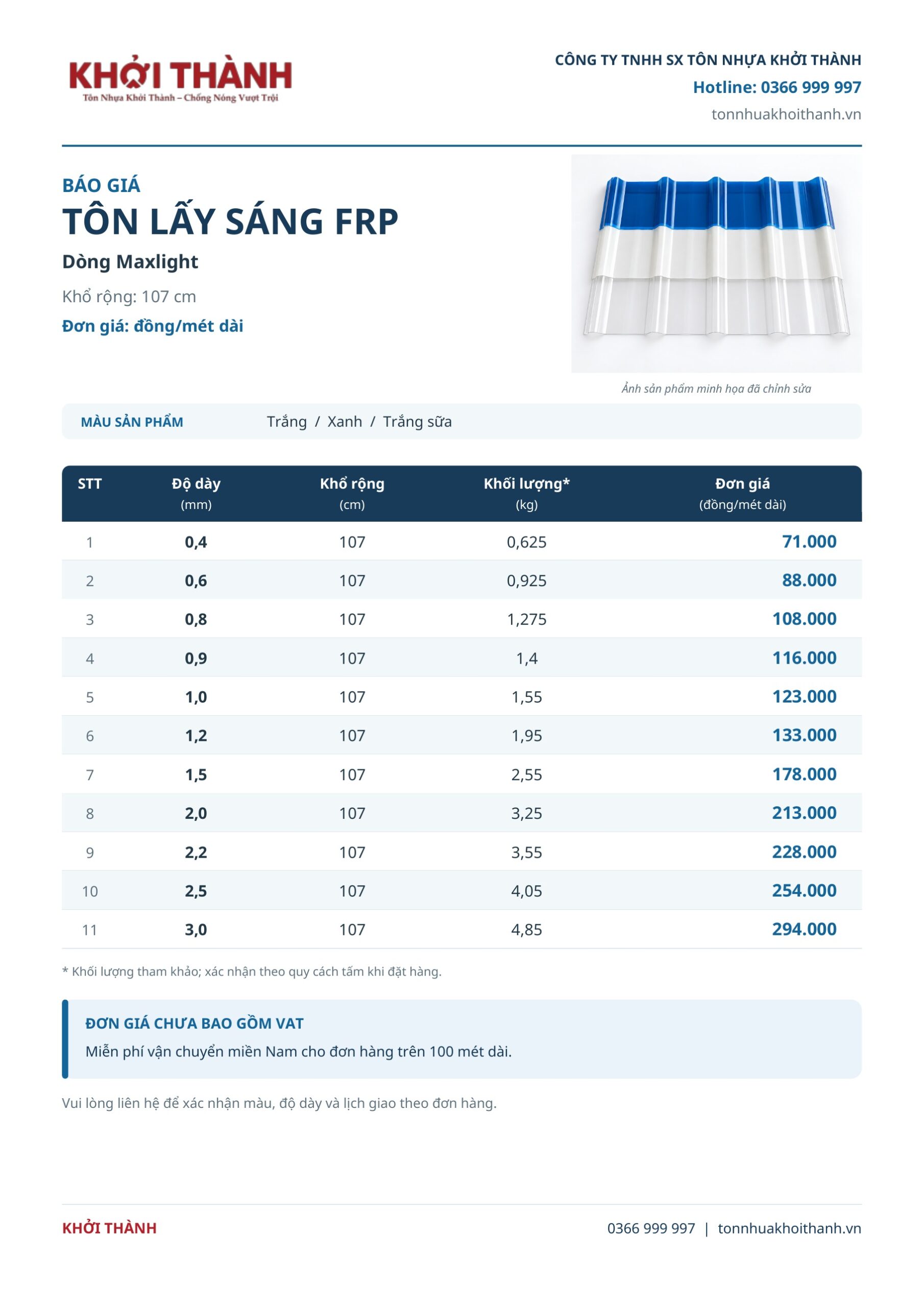 Bảng giá tôn lấy sáng FRP Khởi Thành: 11 mức độ dày; giá theo mét dài, chưa gồm VAT