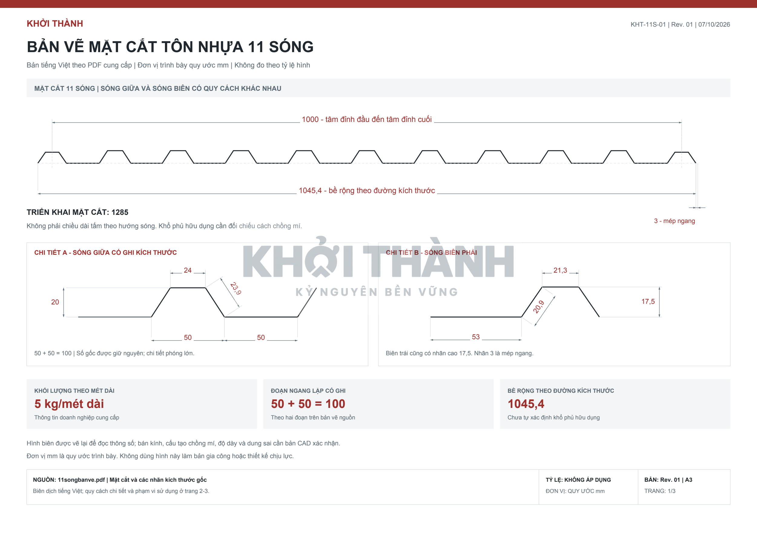 Bản vẽ mặt cắt tôn nhựa 11 sóng Khởi Thành, kích thước 1045,4 mm và khối lượng 5 kg trên mét dài