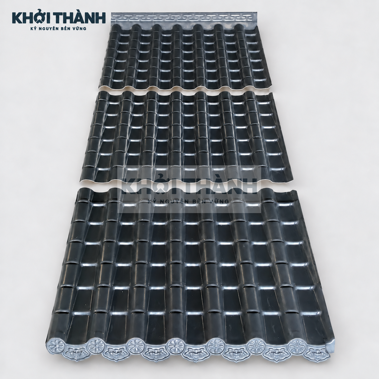Bộ ba đoạn tấm mái âm dương xám đen Khởi Thành, gồm đoạn đầu, đoạn giữa và đoạn cuối