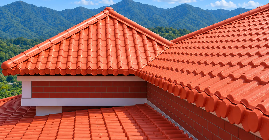 Ảnh minh họa mái ngói đỏ cam với nền núi và trời xanh